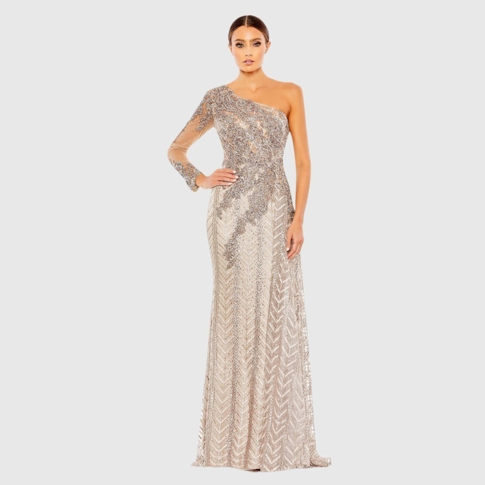 Mac Duggal 20401 Nwt Beige Embellished One Shoulder A Line Gown